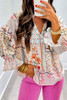 Multicolour Boho Floral Patched Ruffled Sleeve Tied Neck Blouse