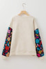 White Floral Patchwork Sleeve Textured Plus Size Pullover Top