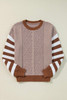 Brown Stripe Geometric Textured Drop Shoulder Sweater