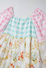 Pink Ric Rac Plaid Floral Print Patchwork Bubble Sleeve Dress