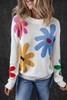 White Colorful Big Flower Pattern Crewneck Sweater