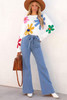 White Colorful Big Flower Pattern Crewneck Sweater