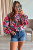 Red Floral Printed Balloon Sleeve Half Buttons Blouse