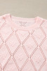 Gossamer Pink Openwork Plaid Puff Sleeve Cropped Sweater
