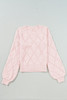 Gossamer Pink Openwork Plaid Puff Sleeve Cropped Sweater