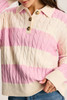 Pink Stripe Cable Knit Collared Henley Sweater