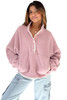 Fushia Stand Neck Half Button Zip Pocket Plush Sweatshirt