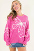 Bright Pink Corded Flower Bow Ribbed Trim Casual Sweater Bright Pink Corded Flower Bow Ribbed Trim Casual Sweater