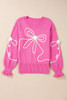 Bright Pink Corded Flower Bow Ribbed Trim Casual Sweater Bright Pink Corded Flower Bow Ribbed Trim Casual Sweater