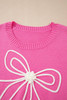 Bright Pink Corded Flower Bow Ribbed Trim Casual Sweater Bright Pink Corded Flower Bow Ribbed Trim Casual Sweater