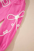 Bright Pink Corded Flower Bow Ribbed Trim Casual Sweater Bright Pink Corded Flower Bow Ribbed Trim Casual Sweater