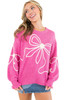 Bright Pink Corded Flower Bow Ribbed Trim Casual Sweater Bright Pink Corded Flower Bow Ribbed Trim Casual Sweater