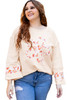 Beige Plus Size Flower Patched Side Slits Crewneck Top