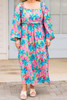 Sky Blue Floral Allover Print Shirred Square Neck Plus Size Maxi Dress Sky Blue Floral Allover Print Shirred Square Neck Plus Size Maxi Dress