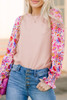 Oatmeal Floral Printed Patchwork Smocked Lantern Sleeve Knit Top