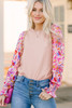 Oatmeal Floral Printed Patchwork Smocked Lantern Sleeve Knit Top