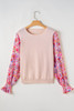Oatmeal Floral Printed Patchwork Smocked Lantern Sleeve Knit Top