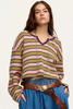 Spinach Green Clashing Stripes Waffle Texture Notched Neck Long Sleeve Top
