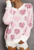 Pink Heart Leopard Print Pearled Ribbed Trim Fuzzy Sweater