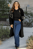 Black Flower Embroidered Drop Shoulder Open Front Duster Cardigan