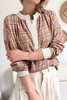 Pink Colorblock Plaid Patchwork Henley Blouse