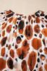 Brown Metallic Threading Accents Pleated Abstract Printed Ruffled 3/4 Sleeve Blouse