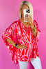 Red Abstract Print V Neck Batwing Sleeve Oversized Blouse