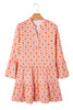 Orange Floral Print Flounce Sleeve Buttoned Front Mini Dress