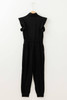 Black Zipper Flutter Sleeve Drawstring High Waist Jumpsuit Black Zipper Flutter Sleeve Drawstring High Waist Jumpsuit