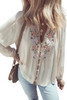 Beige Floral Embroidered Textured Puff Sleeve Loose Shirt