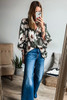 Four Leaf Clover Abstract Floral Print Puff Sleeve Half Button Blouse