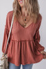 Mineral Red Solid Color Textured Frilled Trim V Neck Puff Sleeve Blouse