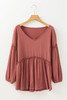 Mineral Red Solid Color Textured Frilled Trim V Neck Puff Sleeve Blouse
