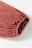 Mineral Red Solid Color Textured Frilled Trim V Neck Puff Sleeve Blouse