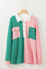 Pink Colorblock Ribbed Collared Oversized Sweatshirt