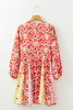 Red Colorful Floral Patchwork Long Sleeve Pleated Mini Dress