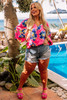 Rose Floral Pattern V Neck Balloon Sleeve Plus Size Blouse