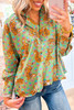 Green Tiger Floral Printed Collared V Neck Casual Shirt