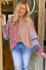 Orange Mixed Floral Printed Long Sleeve Tied V Neck Blouse