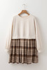 Beige Plaid Patchwork High Waist Sweatshirt Mini Dress