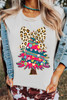 White Leopard Bow Décor Christmas Tree Graphic Crew Neck Tee
