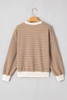 Khaki Stripe Patched Edge Textured Round Neck Long Sleeve Top