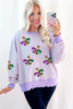 Purple Stripe Sequin Fleur de Lis Patched Pattern Long Sleeve Top