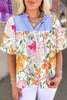 Multicolour Floral Print Striped Yoke Frilled V Neck Puff Short Sleeve Blouse Multicolour Floral Print Striped Yoke Frilled V Neck Puff Short Sleeve Blouse