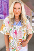 Multicolour Floral Print Striped Yoke Frilled V Neck Puff Short Sleeve Blouse Multicolour Floral Print Striped Yoke Frilled V Neck Puff Short Sleeve Blouse