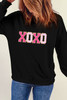 Black Chenille XOXO Patched Drop Shoulder Valentines Pullover Sweatshirt