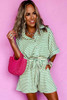Green Stripe Textured Short Sleeve Collared Buttoned Waist Tie Romper Green Stripe Textured Short Sleeve Collared Buttoned Waist Tie Romper