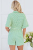 Green Stripe Textured Short Sleeve Collared Buttoned Waist Tie Romper Green Stripe Textured Short Sleeve Collared Buttoned Waist Tie Romper