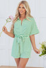 Green Stripe Textured Short Sleeve Collared Buttoned Waist Tie Romper Green Stripe Textured Short Sleeve Collared Buttoned Waist Tie Romper