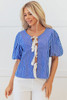 Blue Stripe Tied Front Puff Short Sleeve Blouse